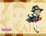  alice_alicetel_fernek blonde_hair cape character_name copyright_name hairband hat logo long_hair long_sleeves looking_at_viewer magic_circle miniskirt outstretched_arms plaid plaid_skirt red_eyes shida_kazuhiro skirt solo spread_arms thighhighs wallpaper white_legwear witch witch_hat wiz_anniversary yellow_background zettai_ryouiki zoom_layer 
