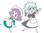  blue_eyes blue_hair crazy_eyes drooling futaba_channel hair_ribbon long_sleeves maid maid_headdress multiple_girls nijiura_maids open_mouth purple_eyes purple_hair ribbon saliva syringe vector_trace wallpaper yakui yuki-san 