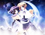  angel back bat_wings black_dress capelet copyright_request crescent_moon demon_girl demon_tail demon_wings dress dual_persona holding_hands interlocked_fingers moon multiple_girls night planet skirt suzuhira_hiro tail thighhighs wallpaper white_dress wings 