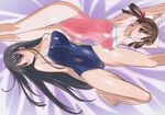  armpits arms_behind_back arms_up barefoot black_hair blue_eyes blush breasts brown_hair casual_one-piece_swimsuit cleavage competition_school_swimsuit feet highres kuroda_kazuya large_breasts long_hair lying mizushima_asa multiple_girls on_back one-piece_swimsuit red_eyes shiny shiny_clothes sora_no_iro_mizu_no_iro sorayama_natsume swimsuit thigh_gap thighs toes wide_hips 