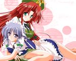  apron blush bow braid china_dress chinese_clothes dress green_eyes hair_bow hand_on_back hat hong_meiling izayoi_sakuya lavender_eyes lavender_hair long_hair lying maid maid_headdress multiple_girls on_stomach open_mouth red_hair short_hair smile star touhou twin_braids wallpaper yamu_(reverse_noise) 