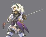  :o armor bangs belt blue_eyes bracelet denim denim_shorts elbow_gloves fighting_stance from_behind gloves hairband horn jewelry khezu_(armor) kirin_(armor) long_hair looking_away monster_hunter open_mouth rope shihou short_shorts shorts shorts_under_skirt simple_background skirt solo spiked_hair spread_legs standing strap sword thigh_strap thighhighs torn_clothes upskirt vespoid_(armor) weapon white_hair white_legwear yellow_eyes 