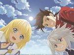  2boys blonde_hair blue_eyes brown_eyes brown_hair cloud collet_brunel day genius_sage highres lloyd_irving multiple_boys official_art open_mouth red_shirt shirt silver_hair sky smile sun tales_of_(series) tales_of_symphonia wallpaper 