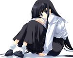  2004 2005 black_hair black_skirt blue_eyes bobby_socks closed_mouth duplicate expressionless full_body kusakabe_yuuki_(to_heart_2) loafers long_hair long_skirt long_sleeves looking_at_viewer nakamura_takeshi pigeon-toed shirt shoes simple_background sitting skirt socks solo to_heart_2 very_long_hair wallpaper 