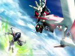  battle blue_sky claw_(weapon) cloud day eureka_seven eureka_seven_(series) flying green_eyes machinery mecha nirvash no_humans outstretched_arms red_eyes sky theend wallpaper weapon 