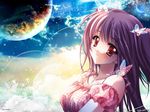  airi_(quilt) bug butterfly carnelian cloud insect jewelry long_hair moon necklace pink_hair plaid planet quilt_(game) red_eyes sky smile solo space sun third-party_edit third-party_watermark twintails two_side_up wallpaper watermark 