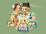  3girls ;d armor artist_request blonde_hair blush book breasts brooch brown_hair chibi cleavage copyright_name facial_mark glasses green_background green_hair hair_ornament hair_over_one_eye hat head_wings headphones holding holding_weapon jewelry knife multiple_boys multiple_girls one_eye_closed open_mouth ragnarok_online scar simple_background small_breasts smile smiley_face throwing_knife wallpaper weapon x_hair_ornament 