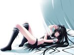  black_hair blue_eyes gothic long_hair maya nimura_yuuji pillow ribbons triptych underwear 