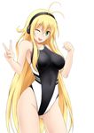  ;d alternate_costume antenna_hair ass_visible_through_thighs bangs black_swimsuit blonde_hair blush breasts clenched_hand competition_swimsuit covered_navel cowboy_shot eyebrows eyebrows_visible_through_hair fuuma_nagi green_eyes headphones highleg highleg_swimsuit large_breasts long_hair looking_at_viewer one-piece_swimsuit one_eye_closed open_mouth purple_eyes simple_background smile solo swimsuit tsurumaki_maki voiceroid white_background 