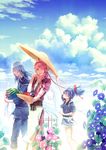  apron basket blue_eyes blue_hair closed_eyes cloud cucumber day eggplant flower food fruit hair_over_one_eye hat hat_removed headwear_removed hima_(ab_gata) japanese_clothes kousetsu_samonji male_focus morning_glory multiple_boys pink_hair ponytail sayo_samonji sky smile souza_samonji sweat tomato touken_ranbu watermelon 