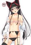  bangs bespectacled black_panties blunt_bangs blush bow bow_panties breasts censored clothes_down collarbone cowboy_shot garter_belt gate_-_jieitai_ka_no_chi_nite_kaku_tatakaeri glasses groin hair_ribbon haru_(matatabi_sanjou) head_tilt highres long_hair looking_at_viewer no_bra off_shoulder open_clothes open_mouth open_shirt panties panty_pull red-framed_eyewear ribbon rory_mercury semi-rimless_eyewear shirt side-tie_panties sign simple_background small_breasts solo standing thighhighs tongue translation_request under-rim_eyewear underwear very_long_hair white_background 