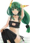  bell bell_choker black_bow black_legwear black_panties bow breasts cat_cutout cat_lingerie choker cleavage cleavage_cutout dark_green_hair expressionless feena_(grandia) grandia grandia_i green_eyes green_hair hair_bow jingle_bell lio_(lune24) long_hair looking_at_viewer low-tied_long_hair medium_breasts meme_attire panties side-tie_panties sitting solo thighhighs underwear white_background 