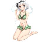  1girl amagi_(amagi626) bare_arms bare_legs bare_shoulders barefoot bikini black_hairband black_ribbon blue_eyes blush breasts cleavage collarbone commentary_request eyebrows_visible_through_hair full_body green_bikini hair_ribbon hairband hand_up highres konpaku_youmu konpaku_youmu_(ghost) looking_at_viewer medium_breasts navel ribbon rock shiny shiny_skin short_hair silver_hair simple_background sitting smile solo stomach swimsuit thighs touhou wariza white_background 