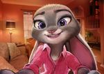  2016 anthro buckteeth clothing disney female first_person_view fur grey_fur hug inside judy_hopps lagomorph lamp looking_at_viewer mammal purple_eyes rabbit selfie shirt smile sofa solo teeth thezentlion zootopia 