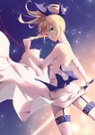  artoria_pendragon_(all) back bangs blonde_hair blue_bow blurry bow choker clenched_hand closed_mouth cowboy_shot depth_of_field dress elbow_gloves eyebrows eyebrows_visible_through_hair fate/stay_night fate_(series) floating_hair from_behind garter_straps gloves gradient gradient_background green_eyes hair_bow highres holding holding_sword holding_weapon jh light_frown light_particles long_hair looking_at_viewer ponytail saber solo strapless strapless_dress string sword thighhighs weapon white_gloves white_legwear wind 