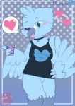  &lt;3 2019 anthro avian beak beverage bird blue_fur blush bottomless clothed clothing collar digital_media_(artwork) feathers female fur looking_at_viewer meme one_eye_closed pepsi ranq_s simple_background soda solo tongue tongue_out tweetfur twitter wings wink 