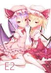  bat_wings blonde_hair blue_hair flandre_scarlet hat irigoma_(jikabi_baisen) looking_at_viewer md5_mismatch multiple_girls pink_eyes remilia_scarlet short_hair siblings simple_background sisters smile thighhighs touhou white_background white_legwear wings 