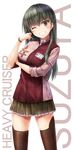  7-eleven breast_hold breasts commentary_request employee_uniform green_eyes green_hair grin kantai_collection long_hair looking_at_viewer name_tag one_eye_closed pleated_skirt skirt smile solo suien suzuya_(kantai_collection) uniform 