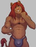  2016 abs anthro bulge digital_media_(artwork) feline hair hi_res knuxlight lion looking_at_viewer male mammal muscular nipples nude open_mouth pinup pose sieg simple_background smile solo 