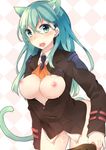  animal_ears aqua_eyes aqua_hair argyle argyle_background ascot blazer bottomless breasts breasts_outside cat_ears cat_tail commentary_request condom condom_in_mouth cowboy_shot fuuen_(akagaminanoka) hair_ornament hairclip jacket kantai_collection kemonomimi_mode large_breasts leaning_forward long_hair long_sleeves looking_at_viewer mouth_hold nipples no_bra open_blazer open_clothes open_jacket open_shirt shirt skirt skirt_pull solo suzuya_(kantai_collection) tail thighs 
