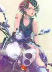  barcode_tattoo bare_arms bare_shoulders black_hair boyaking chemise collarbone earrings green_eyes ground_vehicle hair_ornament hairclip jewelry looking_at_viewer md5_mismatch motor_vehicle motorcycle original pants solo tattoo 