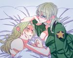  bed bed_sheet blanket blue_eyes breasts chin_rest cleavage darjeeling girls_und_panzer green_jacket grey_background hand_on_another's_cheek hand_on_another's_face hand_on_own_chin jacket kay_(girls_und_panzer) lips long_sleeves medium_breasts military military_uniform multiple_girls naked_coat no_bra nude on_bed open_clothes open_jacket open_mouth saunders_military_uniform shaded_face simple_background sleeping smile star under_covers uniform yama_(yama005) yuri 