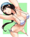  armpits arms_up bangs barefoot bikini black_hair blue_eyes breasts cleavage closed_mouth collarbone downpants eyelashes from_above hai_ookami halterneck highres large_breasts lipstick long_hair looking_at_viewer makeup mouth_hold navel original side-tie_bikini smile solo stomach strap_gap string_bikini swimsuit very_long_hair white_bikini 