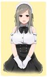  bangs breasts brown_eyes brown_hair detached_sleeves gloves hakumei_kosen highres large_breasts long_hair maid maid_headdress original simple_background skirt solo swept_bangs underbust v_arms white_gloves yellow_background 