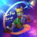  2016 abstract_background anthro arwing black_nose boots brown_fur canine clothing english_text fingerless_gloves footwear fox fox_mccloud fur gloves green_eyes hi_res male mammal nintendo scarf solo star_fox text video_games white_fur 梨月みの 