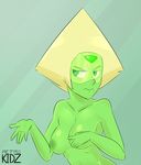  alien blonde_hair breasts covering covering_one_breast female forehead_jewel frown gem_(species) green_eyes green_skin hair inverted_nipples nipples not_furry nude peridot_(steven_universe) retrokidz simple_background solo steven_universe visor 