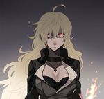  ahoge angry black_eye blonde_hair blood blood_on_face breasts cleavage fire frown glowing glowing_eyes injury jacket jewelry kuroda_(nanchara_flight) large_breasts long_hair looking_at_viewer necklace red_eyes rwby solo yang_xiao_long 