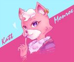  2016 anthro black_nose clothing english_text eyeshadow feline female fur hair katt_monroe makeup mammal nintendo pink_fur purple_eyes smile solo star_fox text video_games white_hair 梨月みの 