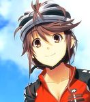  artist_request bicycle_helmet blue_sky breasts brown_eyes brown_hair character_request cleavage cloud day helmet long_riders_(doujin) medium_breasts sky smile solo source_request sweat 