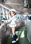  blouse blue_eyes blue_hair blue_legwear brown_hair commentary_request dixie_cup_hat extra girls_und_panzer hat highres indoors loafers long_sleeves looking_at_viewer military_hat miniskirt multiple_girls neckerchief nekota_susumu ooarai_naval_school_uniform pleated_skirt sailor sailor_hat school_uniform serafuku ship ship's_bridge ship_interior shoes short_hair skirt smile socks standing watercraft waving white_blouse white_footwear white_skirt zuikaku_(girls_und_panzer) 
