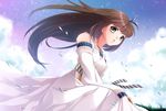  :d brown_hair cloud detached_sleeves dress gensou_suikoden gensou_suikoden_ii grass green_eyes hair_blowing highres ho-cki jewelry long_dress long_hair necklace open_mouth sitting smile solo viki_(suikoden) wind 