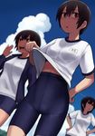  bike_shorts blue_sky blurry brown_hair cloud day depth_of_field dutch_angle glasses gym_uniform hair_between_eyes hands_on_hips lifted_by_self looking_at_viewer lvi md5_mismatch multiple_girls open_mouth original outdoors shirt_lift short_hair skin_tight sky standing sweat 