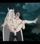  1boy 1girl black_hair breasts cum cum_in_pussy facial_mark forehead_mark horns long_hair naruto nipples nude ootsutsuki_kaguya outdoors penis pussy sex standing tagme testicles third_eye uchiha_madara vaginal very_long_fingernails very_long_hair white_hair 