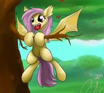  2014 apple bat_pony bat_wings cutie_mark equine fangs female feral flutterbat_(mlp) fluttershy_(mlp) food friendship_is_magic fruit fur hair hybrid inkybeaker mammal membranous_wings my_little_pony outside pink_hair red_eyes sky solo tree wings yellow_fur 