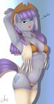  2016 alternate_hairstyle anthro anthrofied armpits bikini blue_eyes breasts cleavage clothed clothing cowboy_hat cutie_mark dialogue earth_pony english_text equine eyelashes female friendship_is_magic hair hands_behind_head hat hi_res horse legwear looking_at_viewer mammal matimus91 maud_pie_(mlp) midriff my_little_pony navel nipple_bulge open_mouth open_vest pigtails pony purple_hair solo swimsuit tassels text thigh_higs under_boob vest 