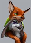  canine clothed clothing disney duo female fox green_eyes judy_hopps lagomorph latex_(artist) male mammal nick_wilde purple_eyes rabbit zootopia 