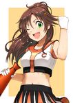  bare_shoulders blush brown_hair commentary_request crop_top gloves green_eyes hair_ornament hairclip himekawa_yuki idolmaster idolmaster_cinderella_girls long_hair looking_at_viewer megaphone navel one_eye_closed open_mouth pettan_p skirt smile solo sweat white_gloves 