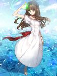  arm_up bad_id bad_twitter_id barefoot brown_eyes brown_hair chocoan choker day dress fate/extella fate/extra fate_(series) floating_hair jewelry kishinami_hakuno_(female) long_hair looking_at_viewer magic neck_ring sky solo white_dress 