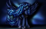 2013 abstract_background blue_eyes blue_feathers blue_fur blue_hair crown cutie_mark equine feathered_wings feathers female feral friendship_is_magic frown fur hair horn inkybeaker jewelry mammal my_little_pony necklace princess_luna_(mlp) solo spread_wings winged_unicorn wings 