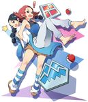  2girls ;d back-to-back badge bandaid bandaid_on_nose bare_shoulders barefoot black_hair braid brown_eyes clothes_around_waist gym_leader highres locked_arms long_hair multiple_girls one_eye_closed open_mouth poke_ball poke_ball_(generic) pokemon pokemon_(game) pokemon_dppt purple_eyes red_hair short_hair skirt smile socks star striped striped_legwear sumomo_(pokemon) suzuna_(pokemon) sweatdrop sweater_around_waist tm_(hanamakisan) twin_braids 