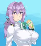  1girl bread breasts drinking drinking_straw female_admiral_(kantai_collection) food hair_between_eyes hair_ribbon highres holding holding_food impossible_clothes kanata_(evuoaniramu) kantai_collection large_breasts lavender_hair long_hair long_sleeves looking_at_viewer looking_to_the_side low_ponytail md5_mismatch melon_bread military military_uniform mizuumi_(bb) pink_eyes ponytail ribbon simple_background solo uniform upper_body 