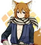  animal_ears brown_eyes fire_emblem fire_emblem_if fox_boy fox_ears fox_tail himasen male_focus nishiki_(fire_emblem_if) orange_hair scarf simple_background solo striped striped_scarf tail white_background 