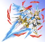  absurdres alfred_cullado armor blonde_hair blue_wings brave_frontier breasts highres huge_breasts lilith_(brave_frontier) mecha_musume red_eyes short_hair solo sword weapon wings 