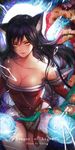  ahri animal_ears bare_shoulders bibiko black_hair breasts cleavage facial_mark highres large_breasts league_of_legends long_hair looking_at_viewer smile solo yellow_eyes 