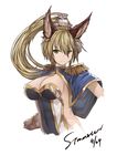  &gt;:) animal_ears artist_name bad_id bad_pixiv_id blonde_hair blue_cape breasts brown_gloves cape cleavage closed_mouth covered_navel dated elbow_gloves epaulettes eyebrows eyebrows_visible_through_hair fox_ears gloves granblue_fantasy green_eyes headgear highres large_breasts long_hair looking_at_viewer ponytail side_cutout simple_background smile smirk solo stmaster strapless tubetop upper_body v-shaped_eyebrows vanguard_(zhan_jian_shao_nyu) white_background zhan_jian_shao_nyu 