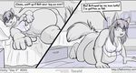  2016 all_fours anthro areola bed belly big_belly big_breasts bottomless breasts canine claws clothed clothing comic computer dialogue english_text faf fur hair hetty hi_res inside long_hair mammal monochrome obese on_bed overweight solo speech_bubble teeth text translucent transparent_clothing wolf 